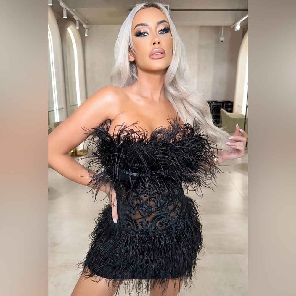 Black feather mini and lace dress